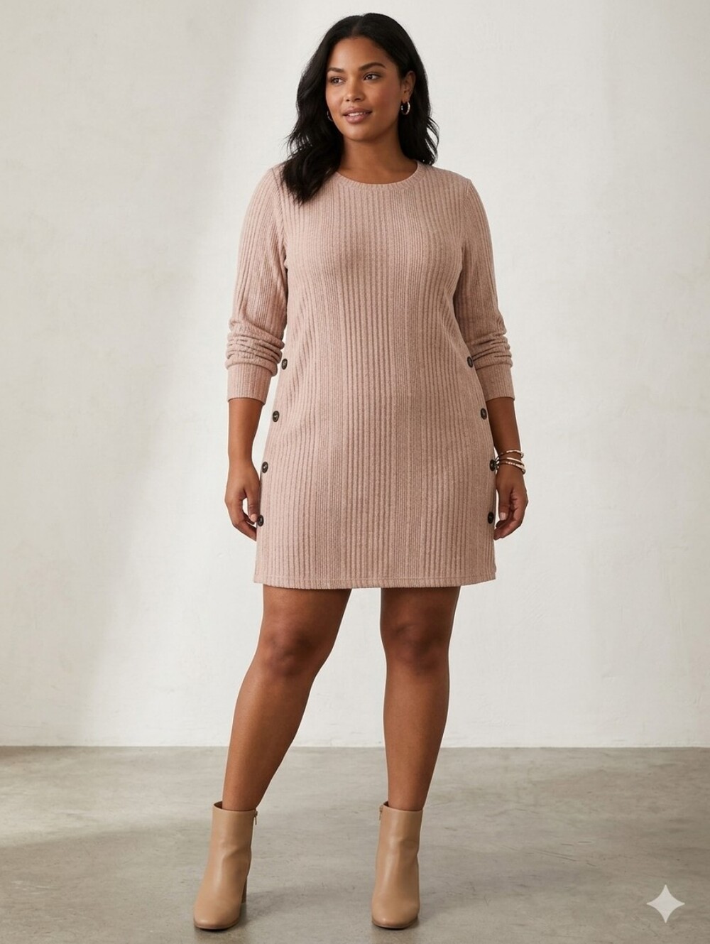 Kikibell Soft Ribbed Long Sleeve Tunic Dress in Dusty Blush/Tan Size XL